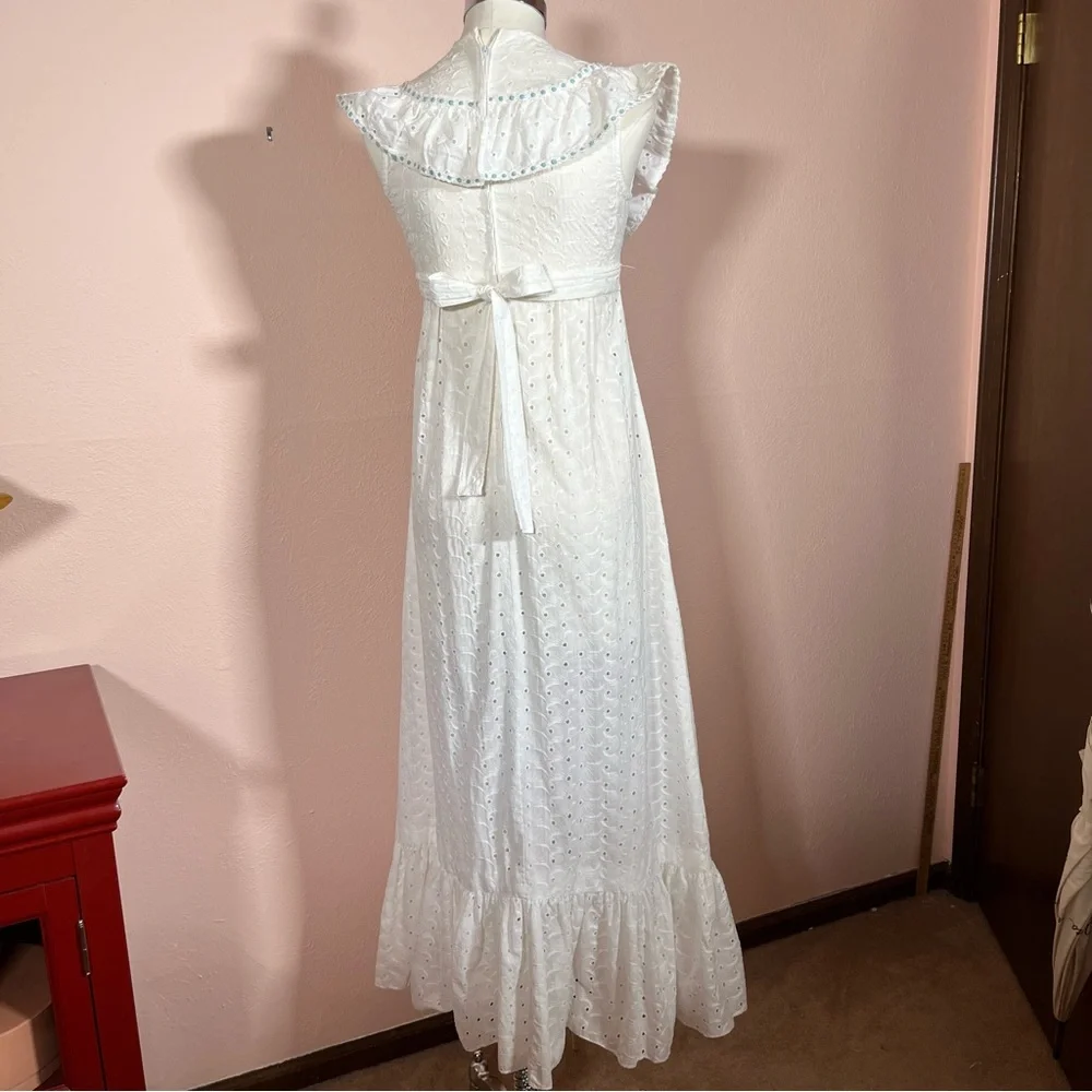 Vintage 60 70 Cottagecore White Eyelet Lace Ruffle Sleeve Praire Maxi Dress - Picture 5 of 17